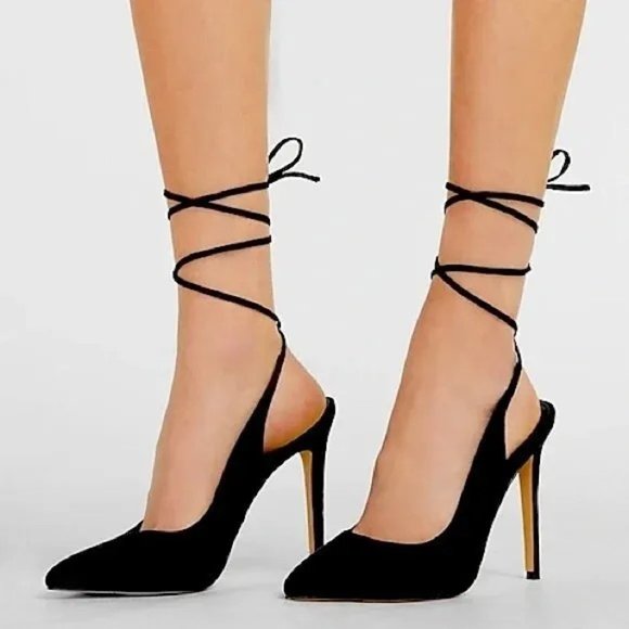 Express Shoes - Express Black Suede Lace-Up Ankle Tie Stiletto Heels Pumps Size 8